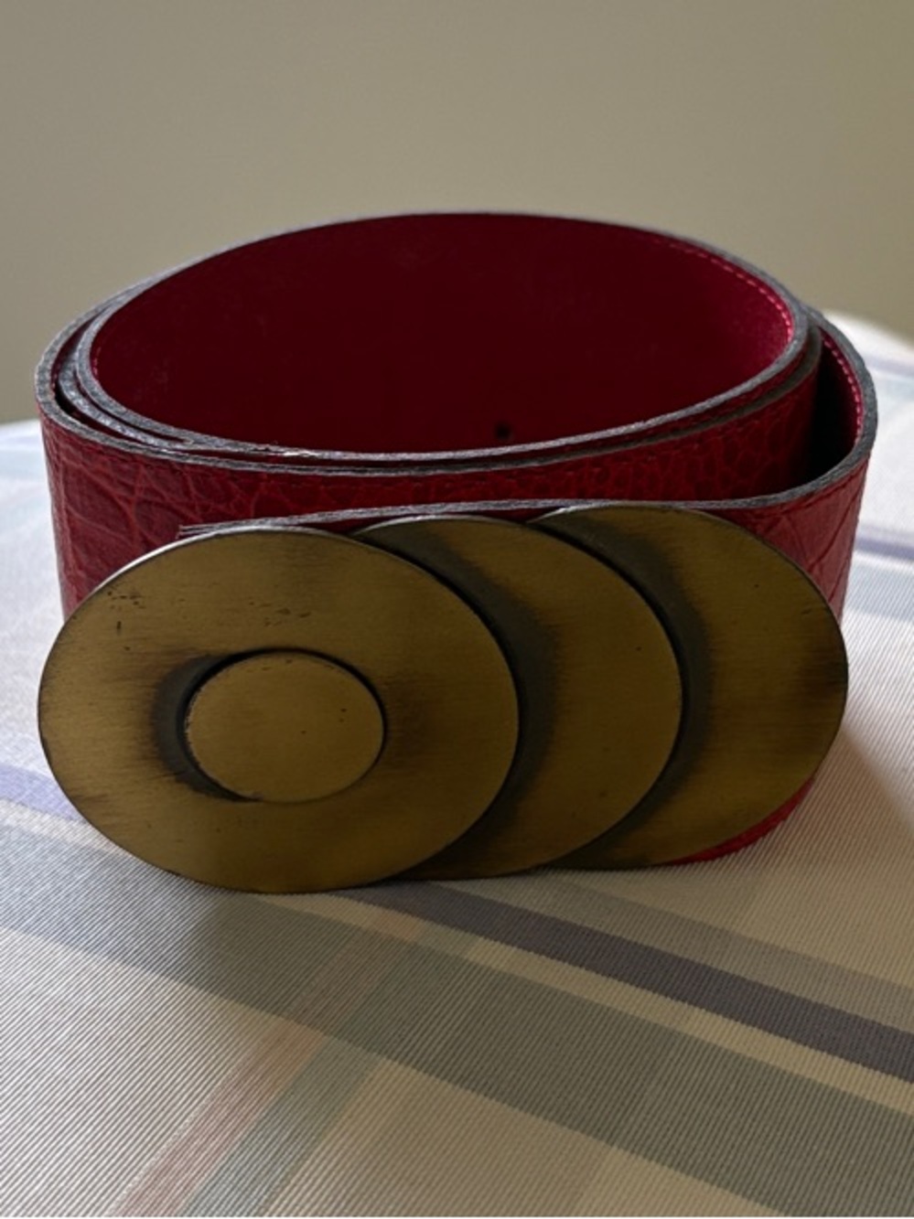 Bold Red Leather Croc Design Waist Belt with Antique Gold Triple Disc Buckle